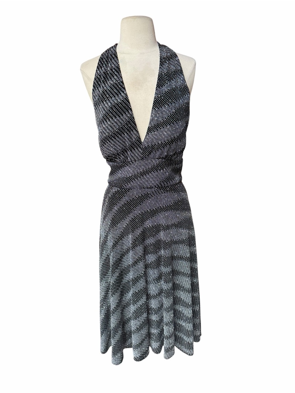 1990s JS‎ Boutique Metallic Knit Deep-V Halter Cocktail Dress